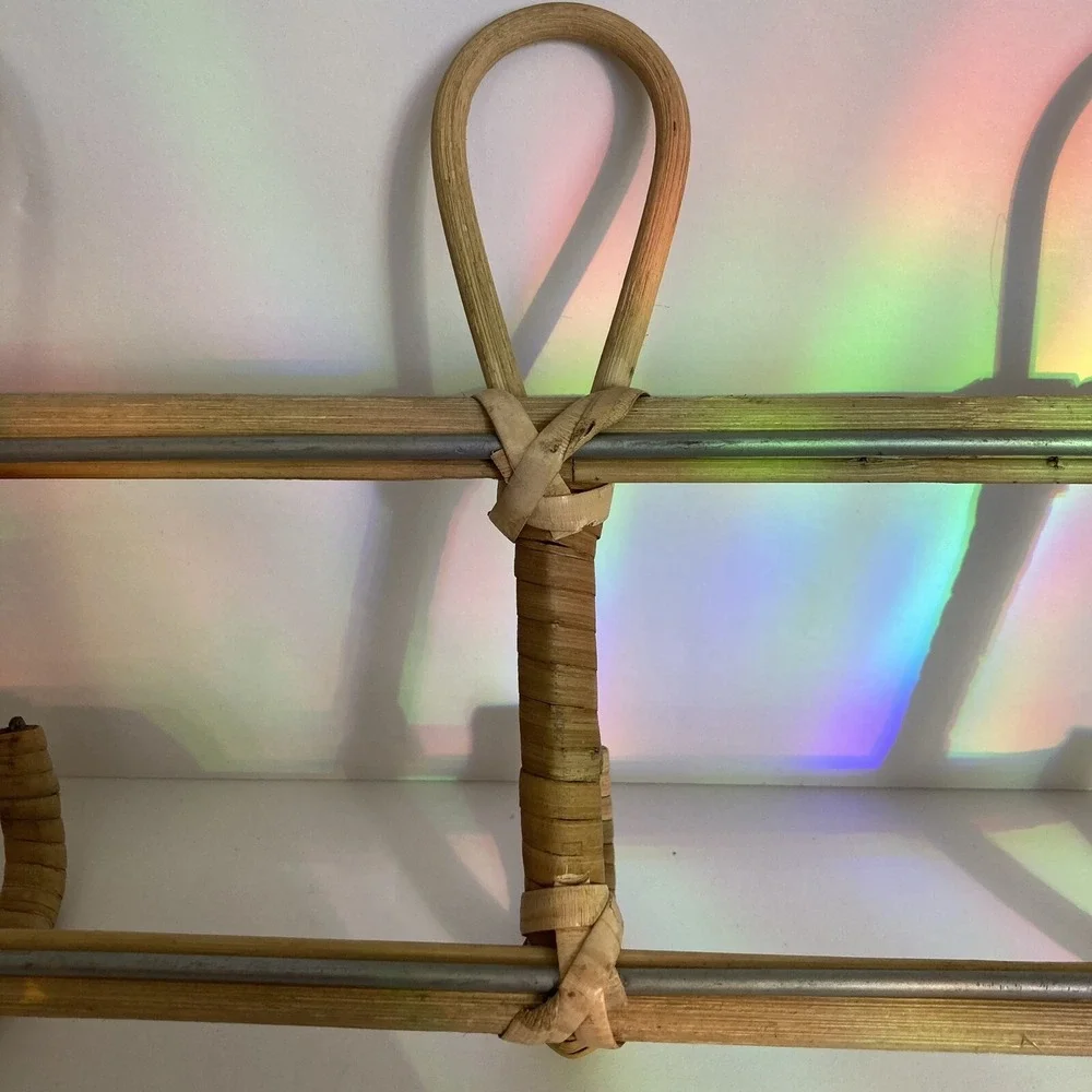 Vintage Rattan Bamboo 3 Hook Coat Rack Hanger Wall Mount 14.5